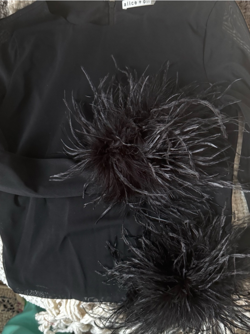 Alice + Olivia Delaina Feather Cuff Mesh Top | Sheer Black Statement Top Size M - Picture 6 of 9